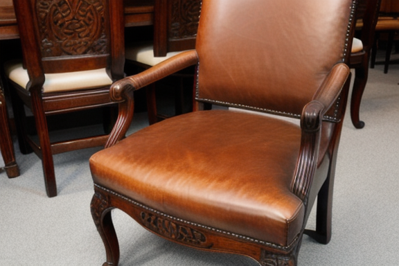 An antique colonial chair with intricate carvings and leather upholstery