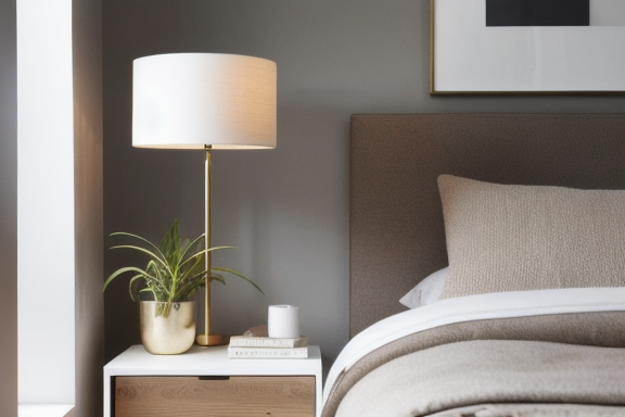 Mesa de cabeceira bem projetada com uma lâmpada, livros e uma planta em vaso.