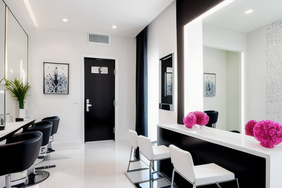 Salon interior with a white color scheme and pops of vibrant colors