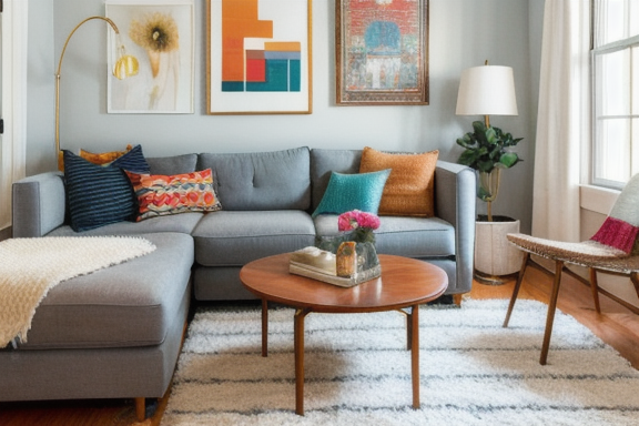 Living room with colorful pillows and a stylish rug