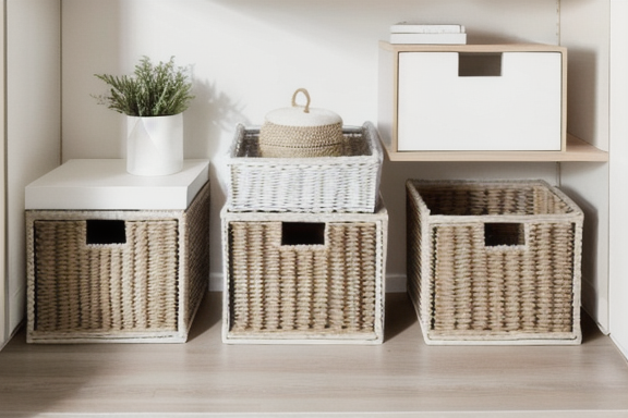 Organized storage boxes and baskets in a minimalist interior