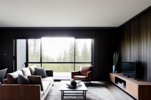 Living room with dark wood paneling