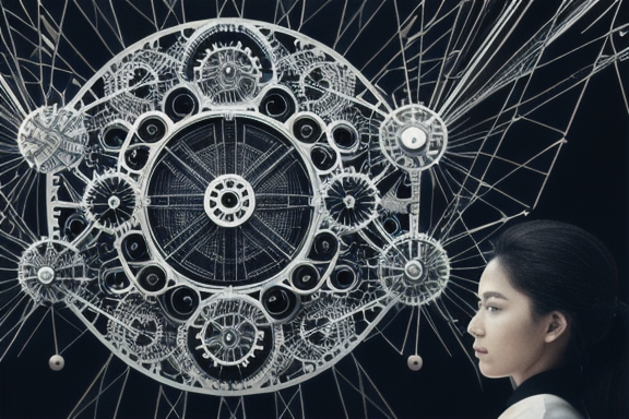 Illustration of a person looking at interconnected gears