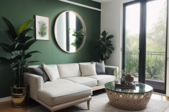 Living room with plants, mirror, and painting